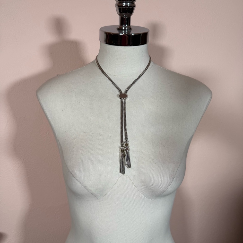 Monet 1960’s Silver Modernist Minimalist Lariat Necklace Bolo tie tassels - Picture 7 of 17